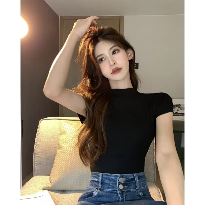 Korean Fashion Basic Crop Top Lady Short Sleeve Crewneck Skinny T-shirt Summer Tee for Women Vintage Top Harajuku Y2k Streetwear