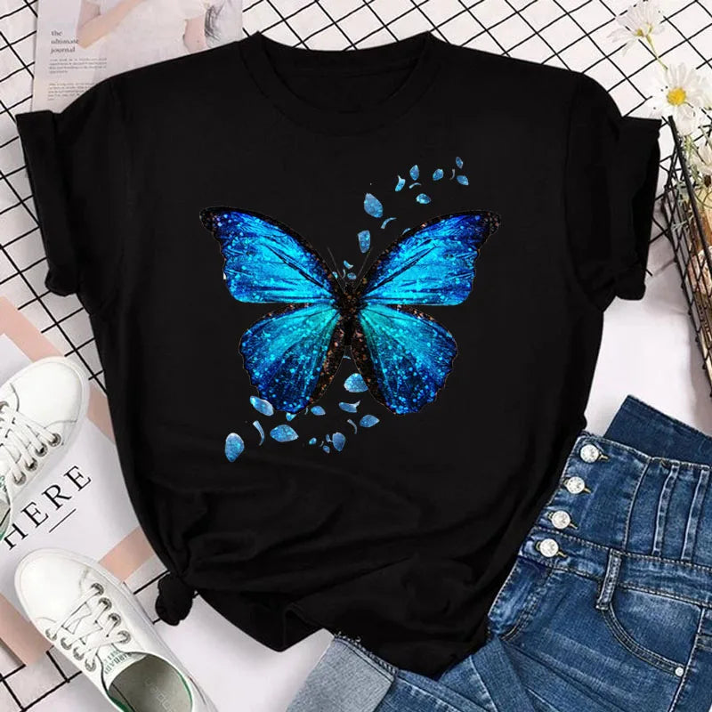 New Blue Butterfly Floral Printed T-Shirt Women's Summer Casual...