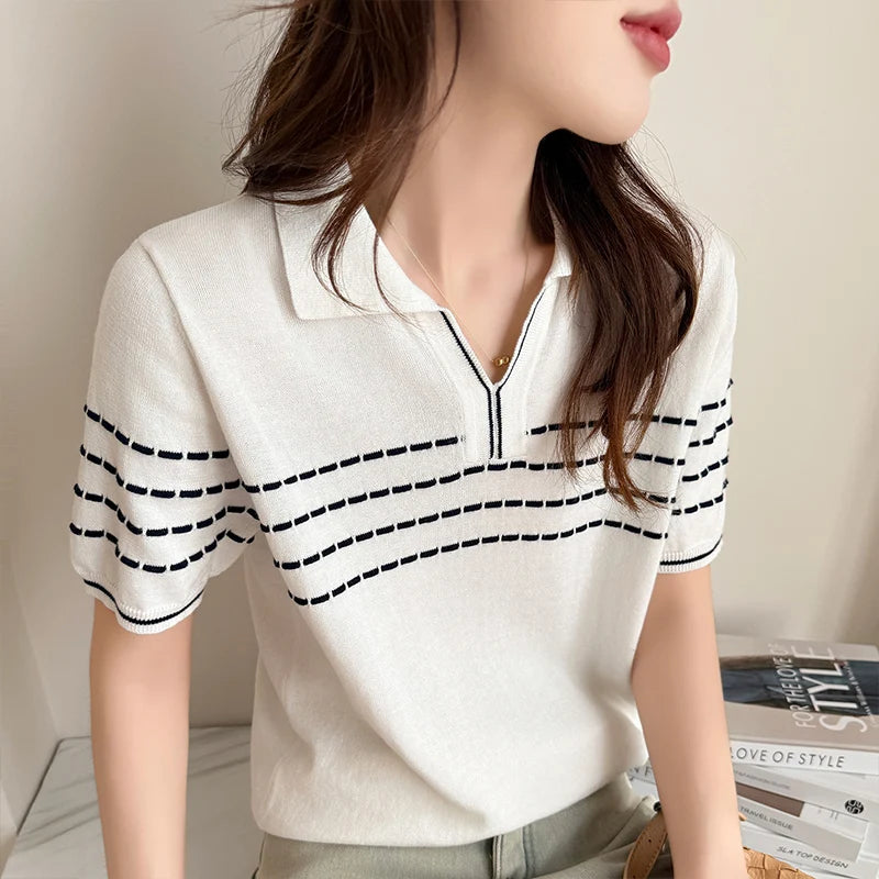Summer women's 100% pure cotton T-shirt casual striped knitted...